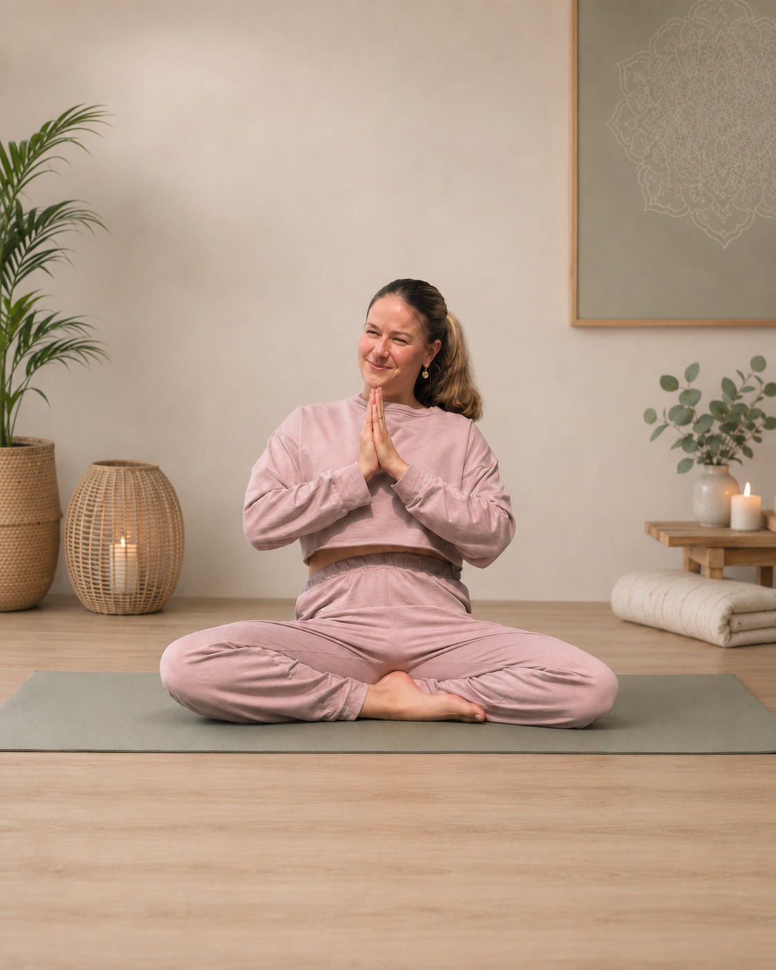 Anneke Reich in einer entspannten sitzenden Yoga-Haltung
